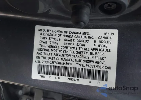 2019 Honda Civic Lx z USA, uszkodzony, nr VIN 2HGFC2F60KH543907